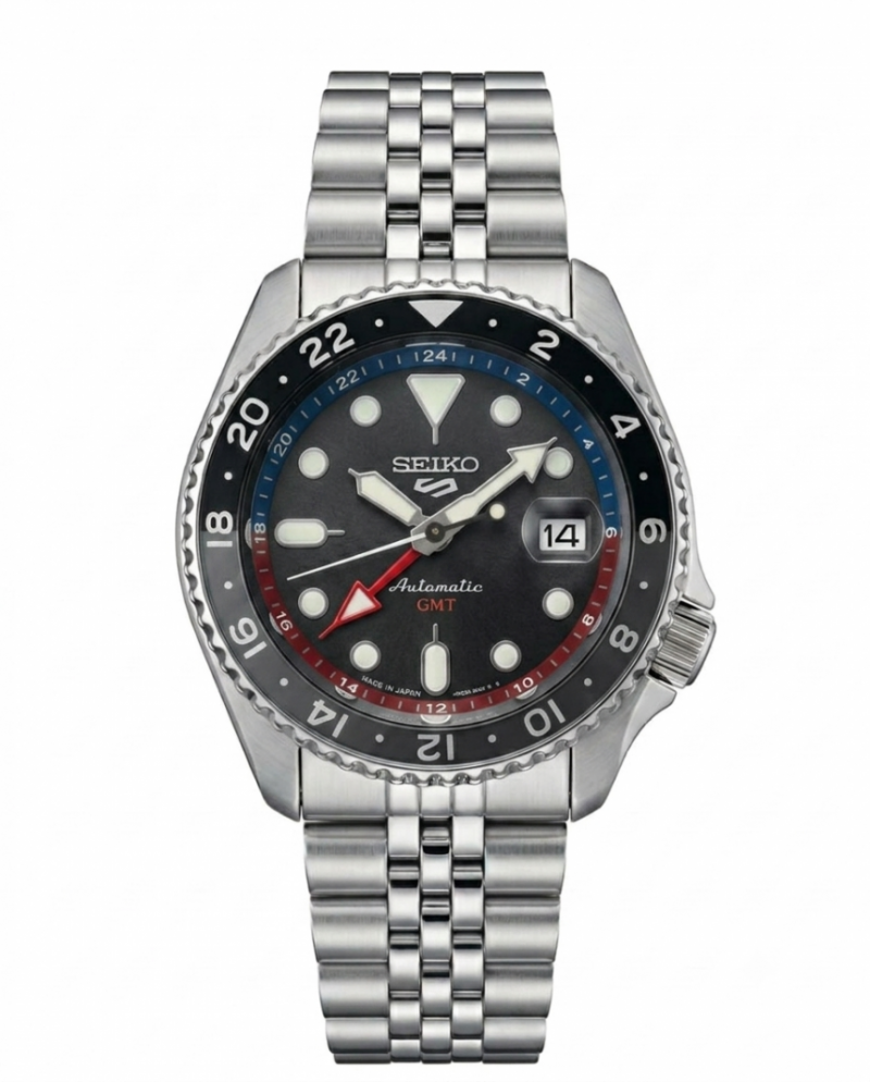 Seiko 5 Sports Automatic GMT Watch – Black Dial with Black & Red Bezel