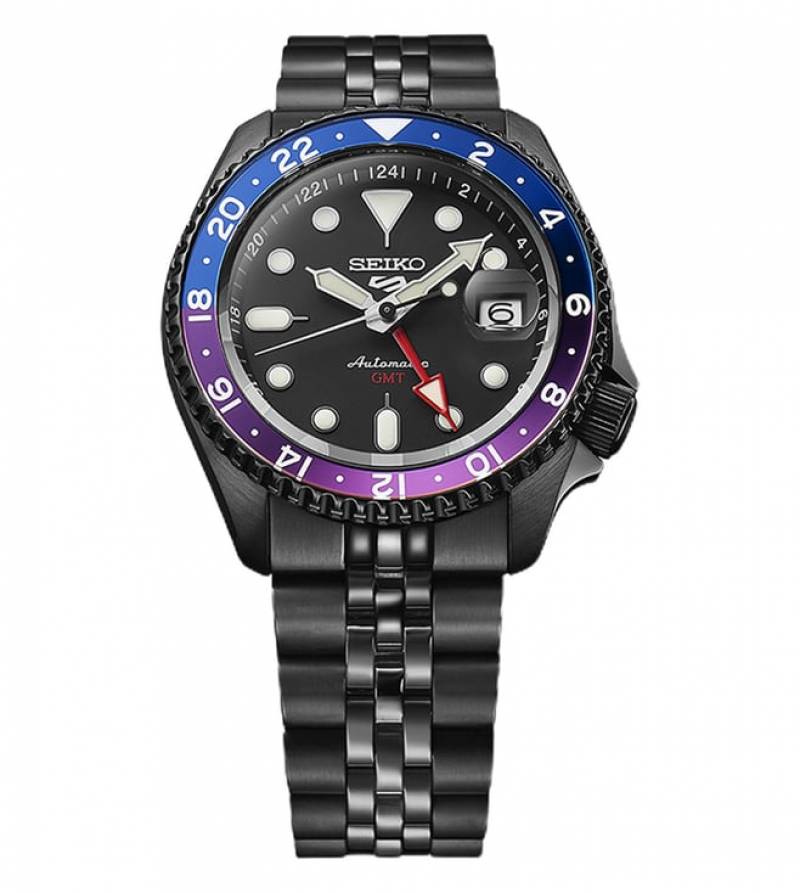 Seiko 5 Sports Automatic GMT Watch – Black Dial with Blue & Purple Bezel