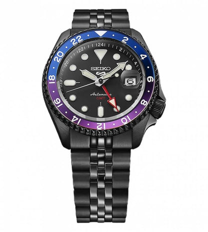 Seiko 5 Sports Automatic GMT Watch – Black Dial with Blue & Purple Bezel
