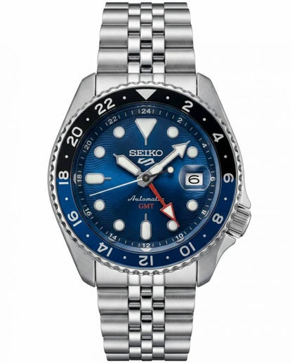 Seiko 5 Sports Automatic GMT Watch – Blue Dial & Silver Stainless Steel Bracelet
