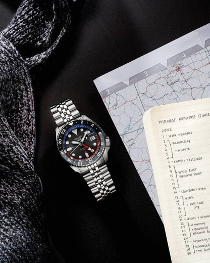 Seiko 5 Sports Automatic GMT Watch – Black Dial with Black & Red Bezel