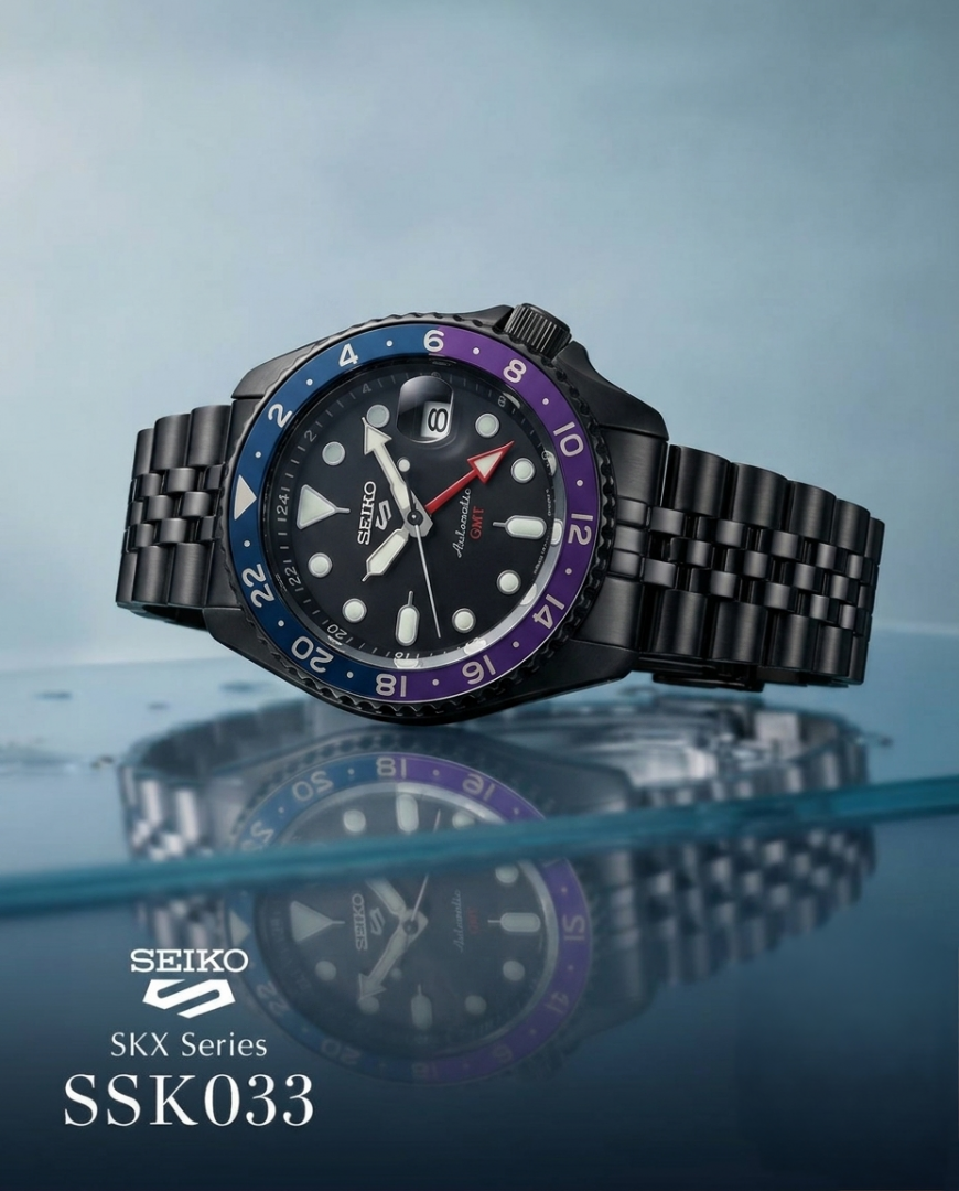Seiko 5 Sports Automatic GMT Watch – Black Dial with Blue & Purple Bezel