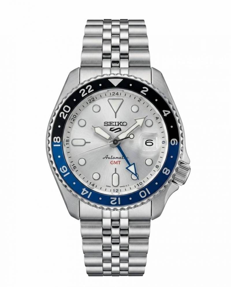 Seiko 5 Sports Automatic GMT Watch – White Dial with Blue & Black Bezel