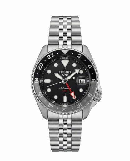 Seiko 5 Sports Automatic GMT Watch – Black Dial with Black & Grey Bezel