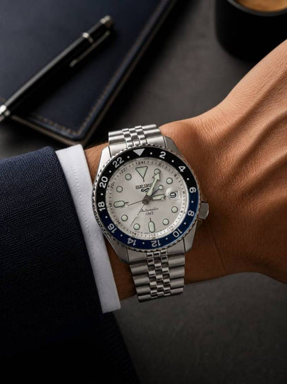 Seiko 5 Sports Automatic GMT Watch – White Dial with Blue & Black Bezel