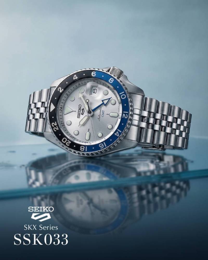 Seiko 5 Sports Automatic GMT Watch – White Dial with Blue & Black Bezel