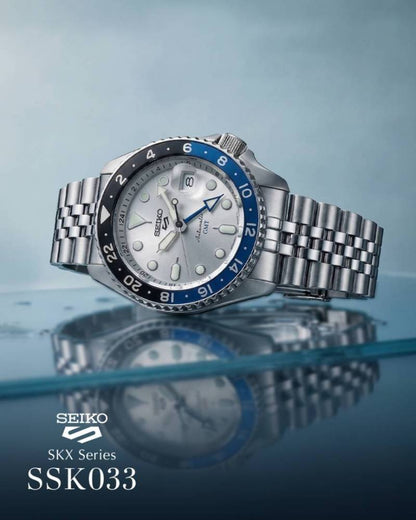 Seiko 5 Sports Automatic GMT Watch – White Dial with Blue & Black Bezel