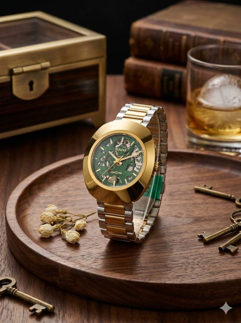 Rado Diastar Automatic Skeleton Watch – Green & Gold Edition ⌚