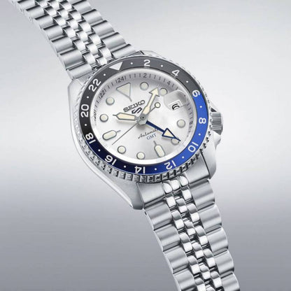 Seiko 5 Sports Automatic GMT Watch – White Dial with Blue & Black Bezel