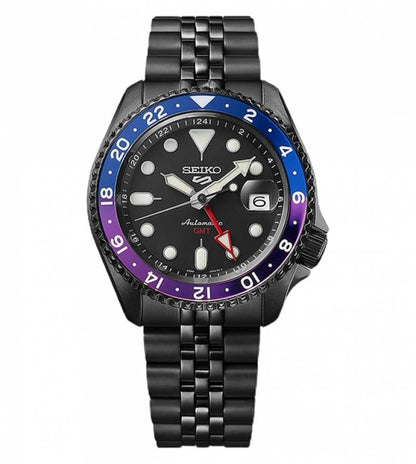 Seiko 5 Sports Automatic GMT Watch – Black Dial with Blue & Purple Bezel