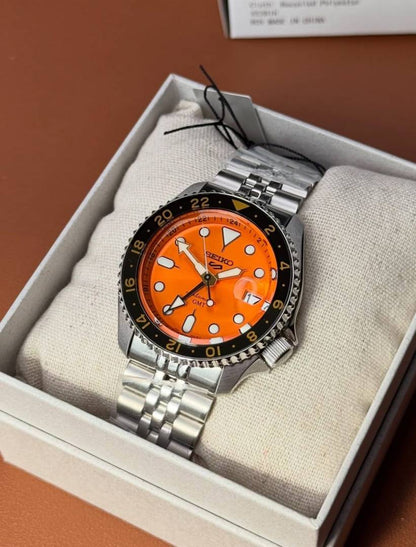 Seiko 5 Sports Automatic GMT Watch – Orange Dial with Black & Gold Bezel