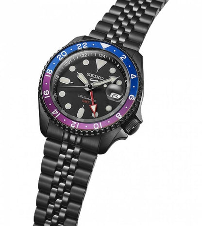 Seiko 5 Sports Automatic GMT Watch – Black Dial with Blue & Purple Bezel