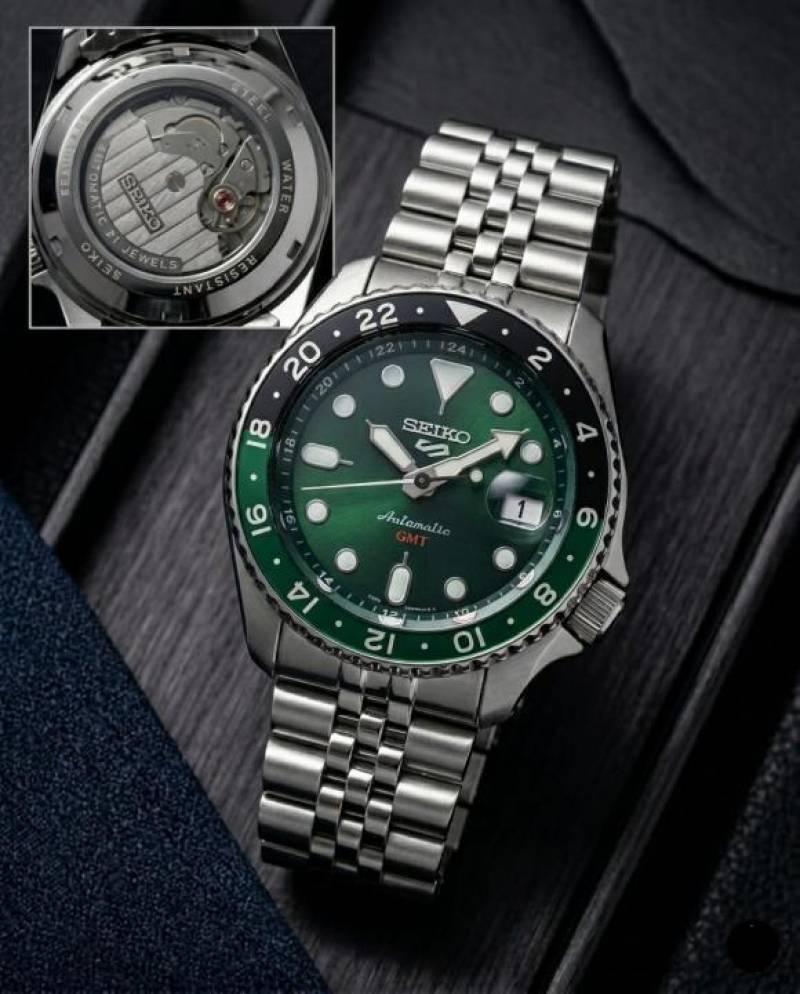 Seiko 5 Sports Automatic GMT Watch – Green Dial with Black & Green Bezel