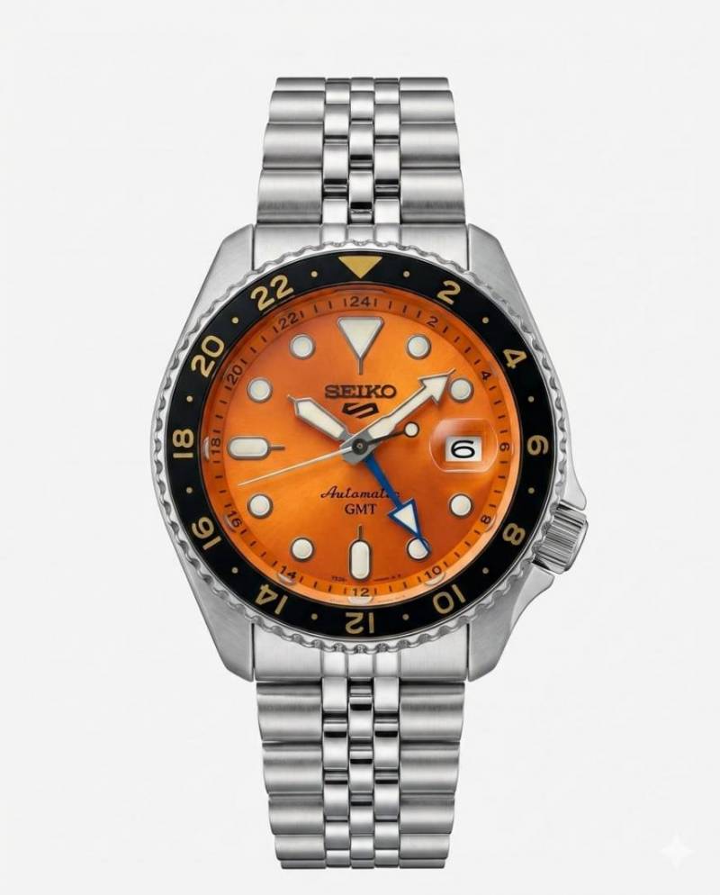 Seiko 5 Sports Automatic GMT Watch – Orange Dial with Black & Gold Bezel