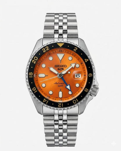 Seiko 5 Sports Automatic GMT Watch – Orange Dial with Black & Gold Bezel